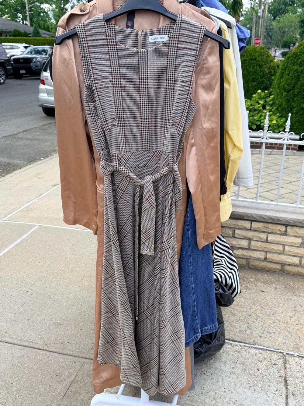 Calvin Klein Plaid Tie-Waist Midi Dress in Brown and Cream